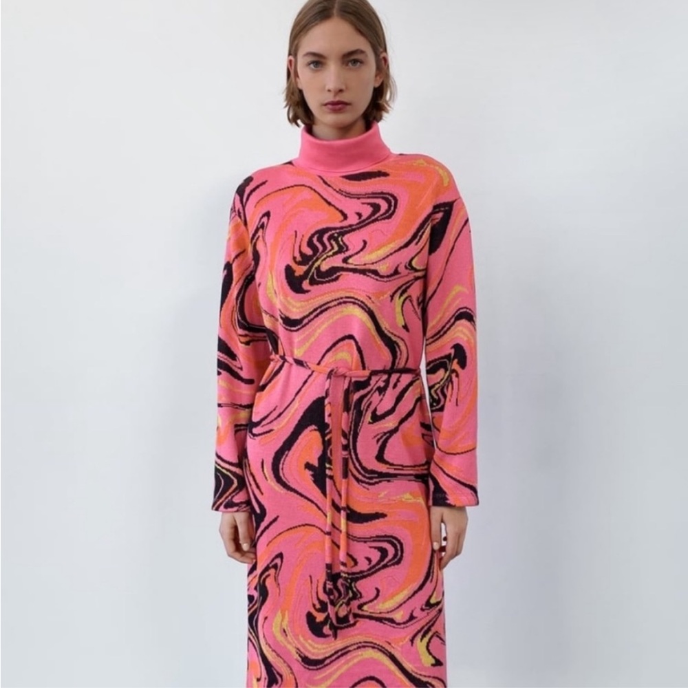 Zara Pink Jacquard Abstract Belted Midi Dress - Picture 3 of 10